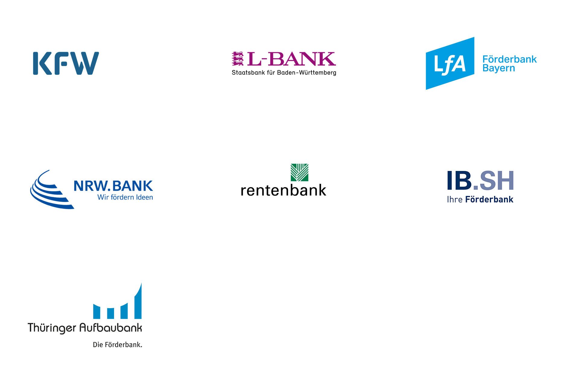 Das Bild zeigt die Logos verschiedener Förderbanken in Deutschland. Dazu gehören die KfW, L-Bank, LfA Förderbank Bayern, NRW.Bank, Rentenbank, IB.SH, und Thüringer Aufbaubank.