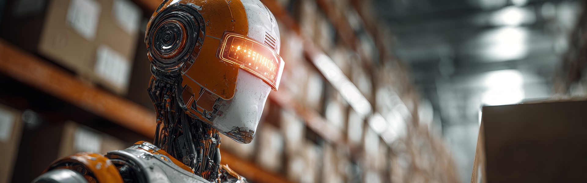 Das Bild zeigt einen humanoiden Roboter in einem Lagerhaus. Der Roboter hat orangefarbene und silberne Elemente und steht zwischen Regalen mit Kartons.