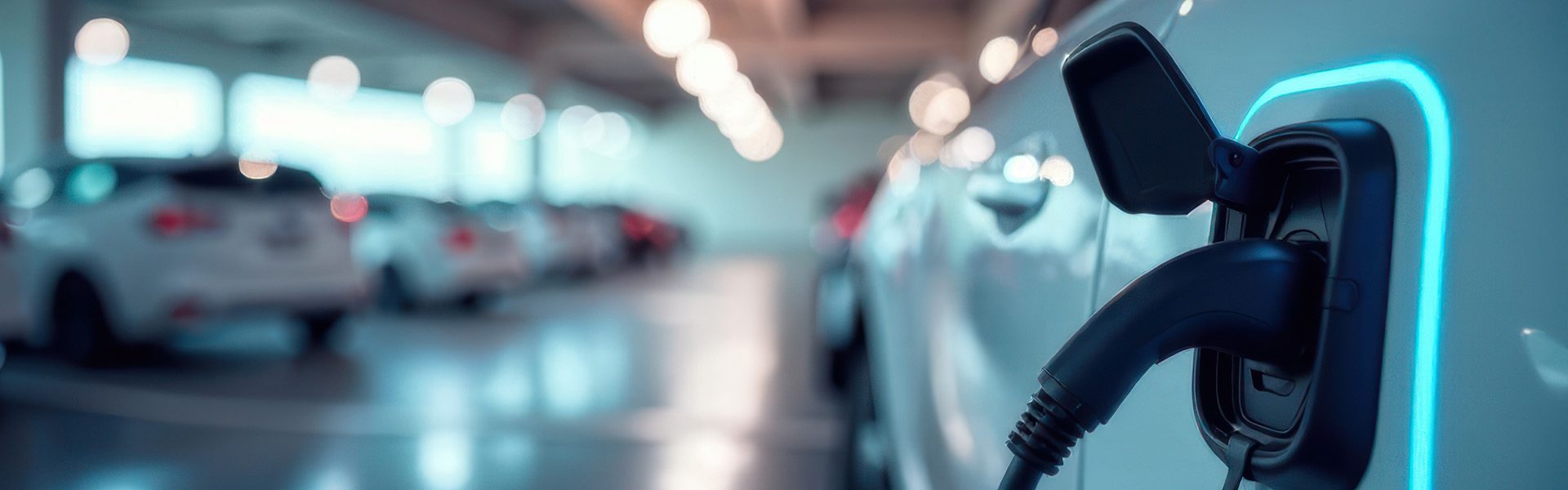 Das Bild zeigt ein Elektroauto, das in einer Garage oder einem Parkplatz geladen wird. Im Vordergrund ist der Ladeanschluss und das Ladekabel sichtbar, während im Hintergrund mehrere Autos zu sehen sind.