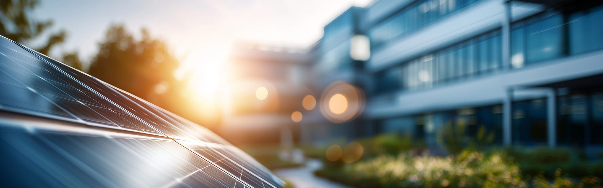 Das Bild zeigt Solarpaneele, die von der Sonne beleuchtet werden. Im Hintergrund ist ein modernes Gebäude zu sehen, und die Szene vermittelt eine städtische Umgebung.